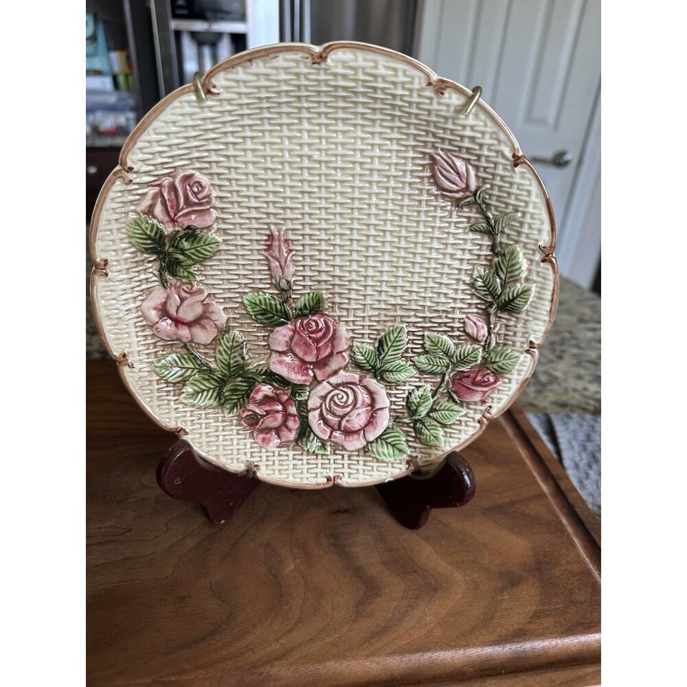 Hand Painted Takahashi San Francisco Rose Basket Weave 8" Plate Floral